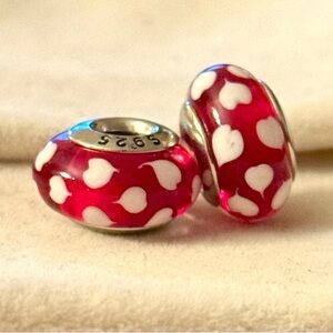 Elegant Red Murano charms set with white Hearts details fit Pandora